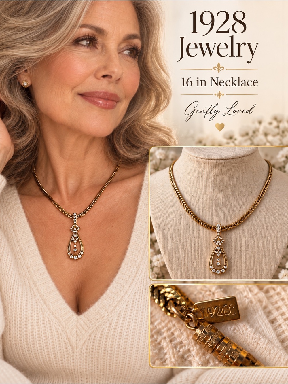 1928 Jewelry 16” Long Necklace Gold Tone Rhinestone Drop Pendant